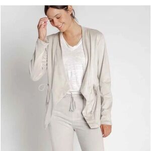 Thread & Supply Gray Open Front Cardigan Suede Like Material Size L Cinch Waist